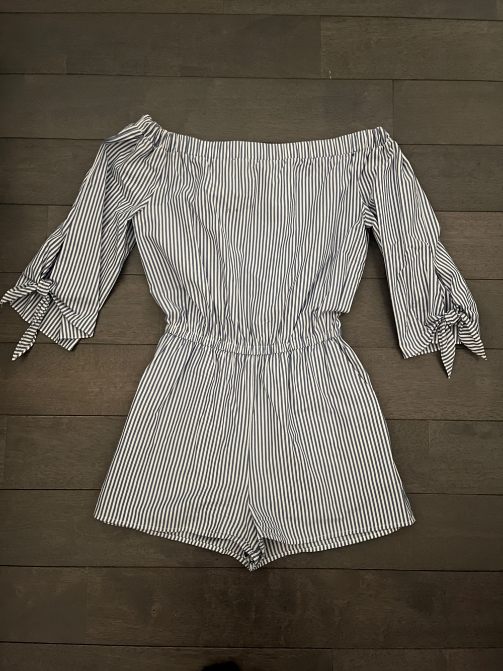 Women's Blue and White Striped Tie-Sleeve Romper
